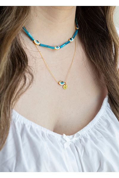 CHARMLUCKY Minimal Eyed Blue Pearl Stone Necklace