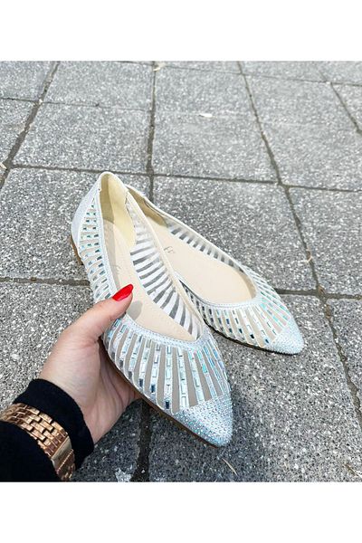 Afilli Rochie de seară cu vârf ascuțit, cu talpă plată, elegantă, din tul argintiu, pentru femei, pantofi de balerină de zi cu zi