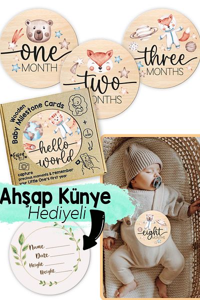 Little One Planet Themed Wooden English Monthly Baby Photo Cards with Special Box - Wooden Baby Milestones