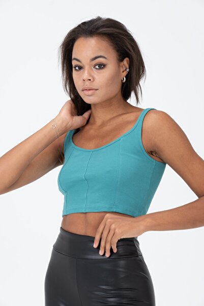 PUNKY CAT Women's Green Thick Strap Crop Blouse