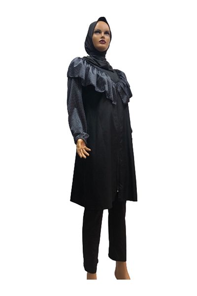 eflin Women's Clothing Black-white Polka Dot Full Covered Hijab Swimsuit Including Bonnet