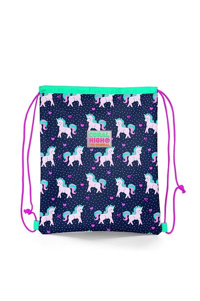Coral High Kids Navy Blue Pink Unicorn Patterned Drawstring Drawstring Backpack 22456