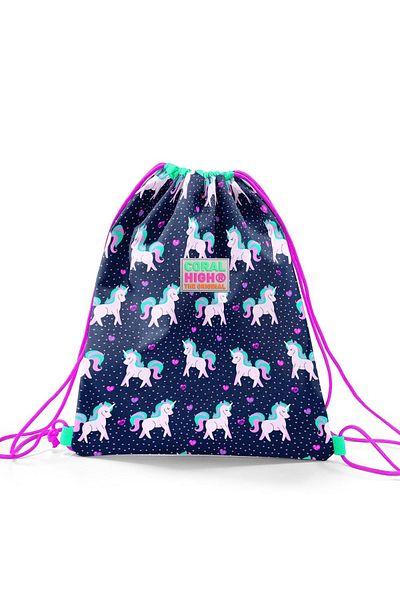 Coral High Kids Navy Blue Pink Unicorn Patterned Drawstring Drawstring Backpack 22456