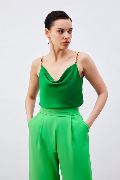 Sateen Chain Strap Satin Blouse - Green