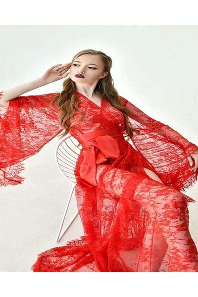 ŞAHPERA BUTİK Redrose Long Lace Dressing Gown