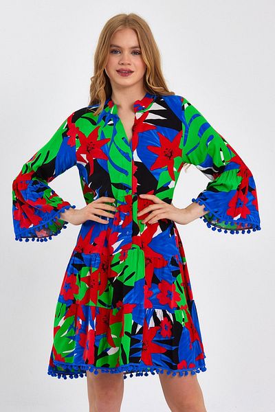AYASOFYA OTANTIK Rochie de damă, albastră, verde, cu model de flori, cu mâneci spaniole, cu pompon, etnică autentică