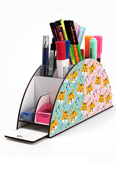 kutuTR Wooden Vip Predator Animals Desktop Pen Holder Organizer with Rainbow Ruler Assembled Box