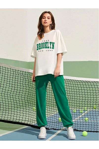 Machetta Plus Size Women's Brooklyn Printed Green Tracksuit T-shirt Summer Suit