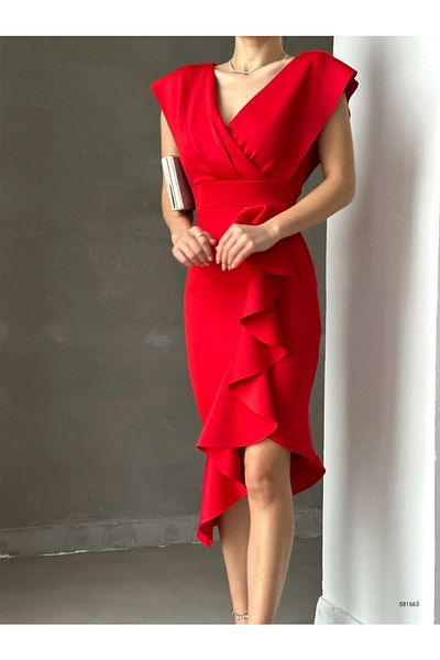 Secret Passion Lingerie Red Flounce Sleeveless and Slit Double Breasted Midi Length Evening Dress and Graduation Dress Engagement Dress 095