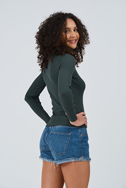 PUNKY CAT Women's Petrol Green Long Sleeve Crew Neck Full Length Knitted Blouse