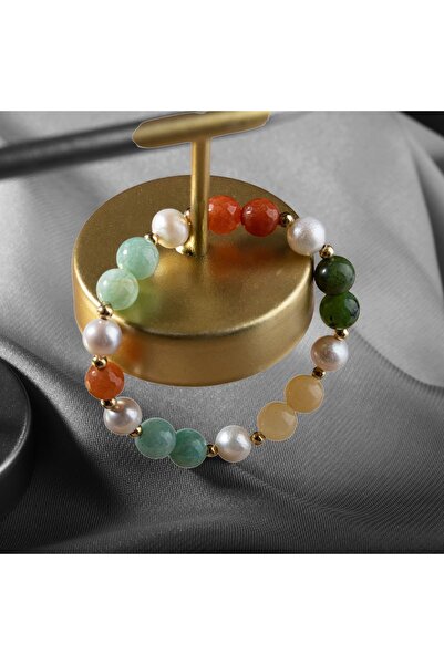 bedahşan Inci-turuncu Aventurin-amazonit-yeşim-kalsit Doğal Taş Gümüş Bileklik