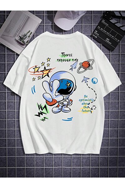 Daxia تي شيرت أبيض للجنسين بطبعة كوكب خلفي من الجيل الجديد