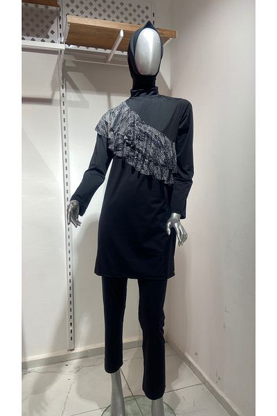 GİZGİYİM Black and White Patterned Valon 3 Piece Hijab Swimsuit Large Size