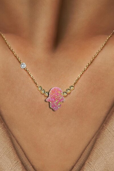 Demas Gold Pirlanta 14 Ayar Altin Dorikalı Pembe Opal Fatmanin Eli Taşlı Kolye