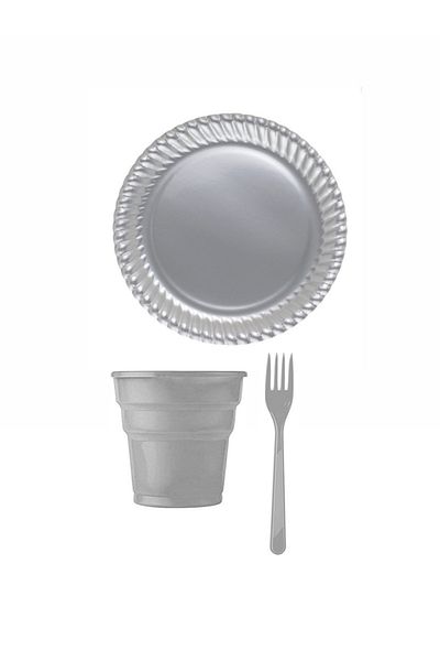 Anka Gray Color Plastic Plate Cup Fork Set for 24 Persons