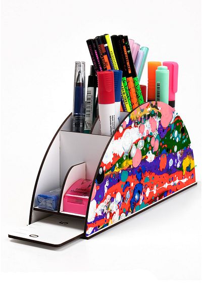 kutuTR Wooden Vip Various Patterns Rainbow Ruled Desktop Pen Holder Organizer Assembled Boxed