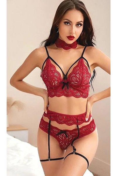 Qvien Secret New Model Fancy Burgundy Sexy Lace Garter Suit