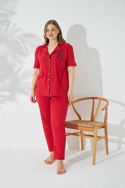 Siyah İnci Red Cotton Buttoned Embroidered Curve Plus Size Battal Knitted Pajama Set