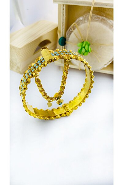 Midyat Artuklu Gümüşçülük Firüze Taşlı Gümüş Altın Kaplama Kelepçe Bilezik