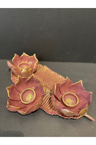 Peramari Dekoratif Polyester Üçlü Mumluk Pembe-gold Eskitme