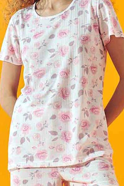 Siyah İnci Pembe Çiçek Desen Soft Touch Ince Örme Şort Takım