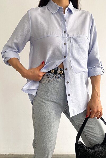 FEMELLE Γυναικείο Μπλε Πουκάμισο Basic μονής τσέπης