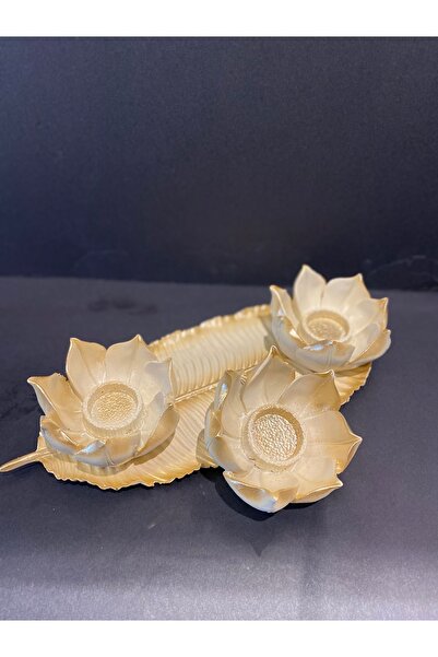 Peramari Dekoratif Polyester Üçlü Mumluk Krem-gold Eskitme