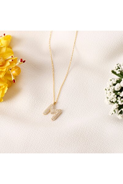 ALFA GÜMÜŞ TAKI Altın Kaplama Zirkon Taşlı M Harfi 925 Ayar Gümüş