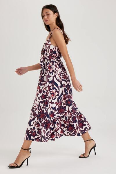 DeFacto Babydoll Heart Collar Floral Poplin Sleeveless Midi 100% Cotton Dress A7179ax23sm