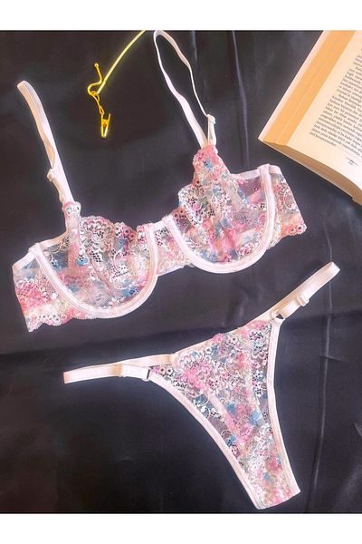 mendoza store Κέντημα με λευκή δαντέλα με λουλουδάτο μοτίβο με ρυθμιζόμενο κούμπωμα στρινγκ σουτιέν