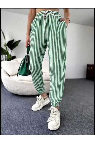 BEBE PLUS Striped Trousers with Elastic Detail on Waist and Leg Green