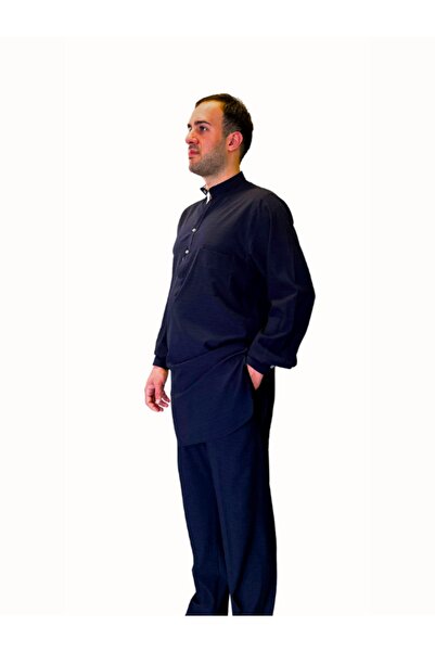 Beratnur Men's Hajj and Umrah Clothing Double Layer Top and Bottom Afghan Suit - Navy Blue