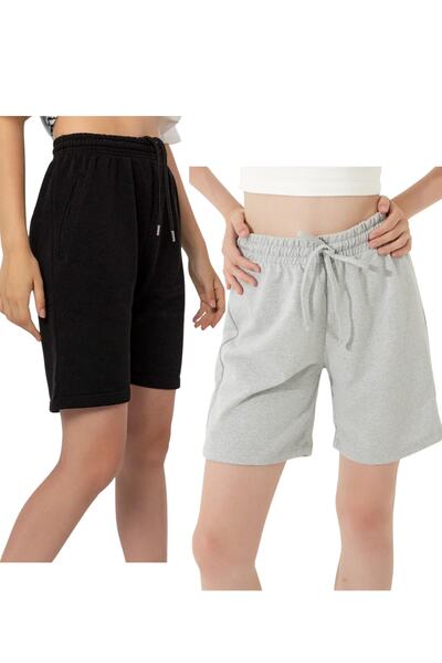 RİSİNG UNİSEX شورت نسائي بلون أسود ورمادي مكون من قطعتين