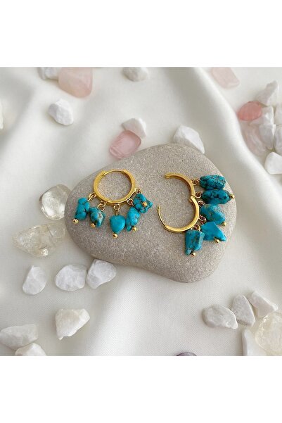 LOVI Kadın Turkuaz Doğaltaşlı Altın Kaplama Halka Küpe