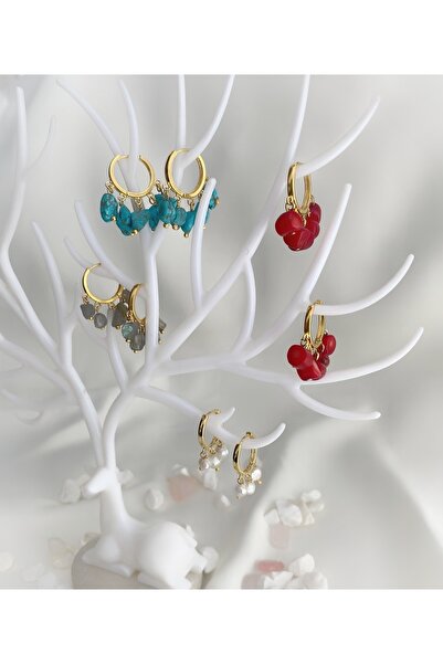 LOVI Kadın Turkuaz Doğaltaşlı Altın Kaplama Halka Küpe