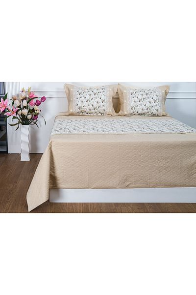 Finezza Gülfem Cotton Printed Cream Beige Bedspread Set Double Knitted. 6 Pieces - 913