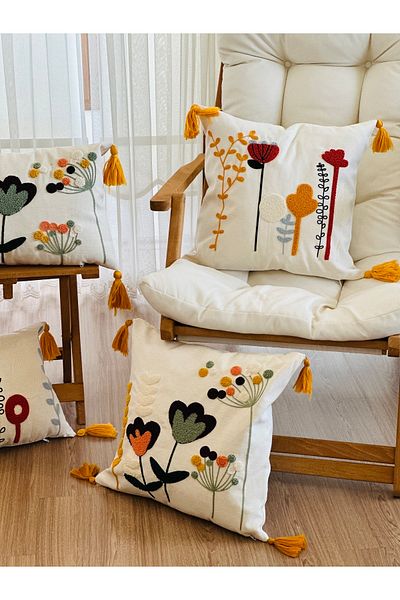 BUGİ HOME COLLECTİON 4-Piece Punch Embroidered Premium Embroidered Branch Flower Themed Decorative Throw Pillow Cover