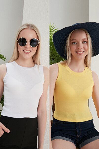 CATSPY Ženska žuto-bela Halter izrez dvodelna Skraćeni kroj bluza