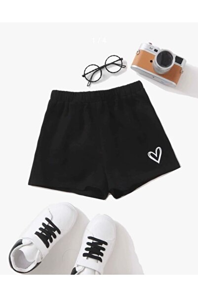 LOUİSA Kız Çocuk Siyah Minimal Kalp Baskılı Şort