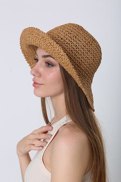 BALIENTE Camel Knitted Straw Bucket Women's Hat