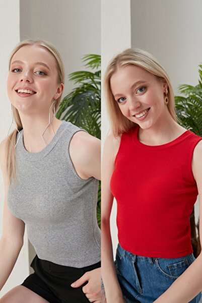 CATSPY Γυναικεία γκρι κόκκινη μπλούζα με ριμπ λαιμόκοψη 2 συσκευασιών Crop