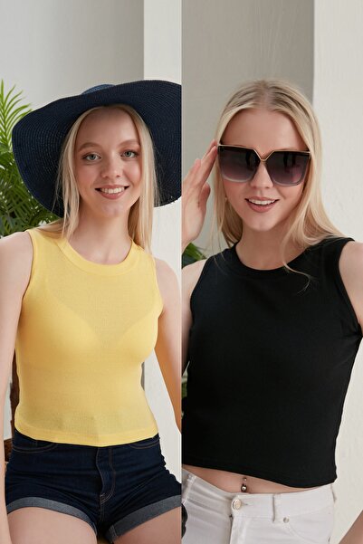 CATSPY Women's Black Yellow Halter Neck Ribbed 2-Pack Crop Blouse