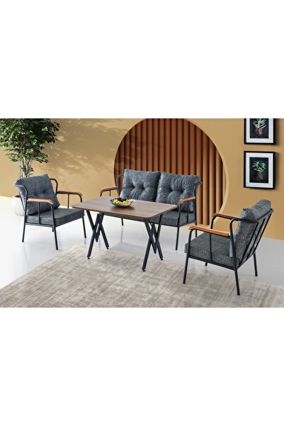 Viento Mobilya Gökçe Gri Kumaş Siyah Iskeletli Bahçe Seti Balkon Seti Çay Seti(orta Sehpa Dahildir)