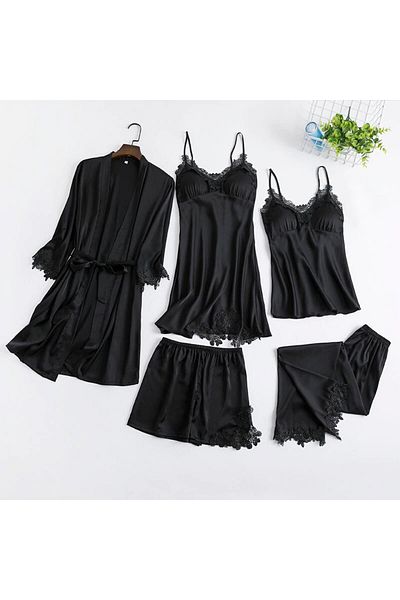 PEMBİŞ HOMEWEAR Set de 5 pijamale din satin din dantela neagra violet