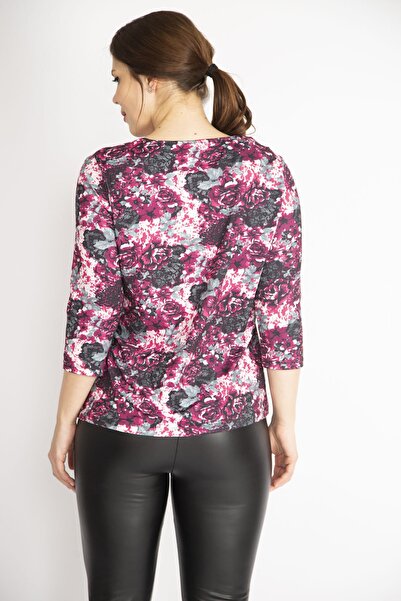 Şans Women's Colorful Plus Size Collar Gathered Capri Sleeve Blouse 65n36329