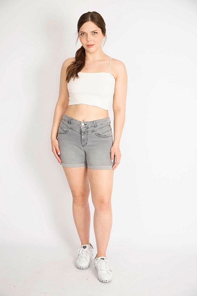 Şans Women's Gray Large Size Double Leg Lycra Denim Shorts 65n36313