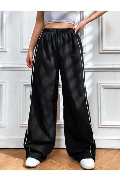 Violon Siyah Beyaz Çizgili Paraşüt Kumaş Unisex Baggy Eşofman Altı Pantolon