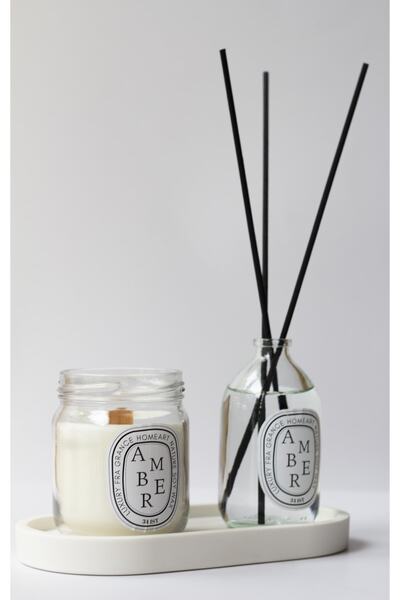 a&p (TABAK HARİÇTİR) Amber Kokulu Ahşap Fitilli Mum Ve Oda Kokusu Seti ( Altlık Hariçtir)