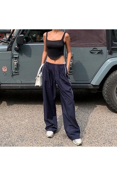 Touz Harajuku Zip Detail Διπλό ριγέ Navy Blue Tracksuit Oversize Navy Blue Φούτερ