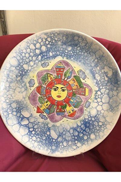 Güneş Ve Ev Desenli 40 Cm Çini Tabak El Yapımı